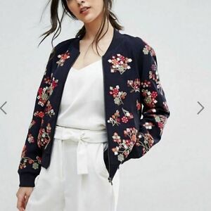 FRENCH CONNECTION Women's Embroidered Zip Mirrored Black Bomber Jacket Medium
